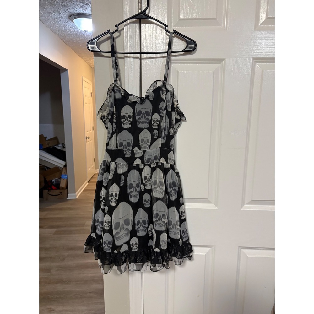 Tripp NYC Daang Goodman Skull Print Ruffle Lace Mini Dress XL Gothic Punk Black